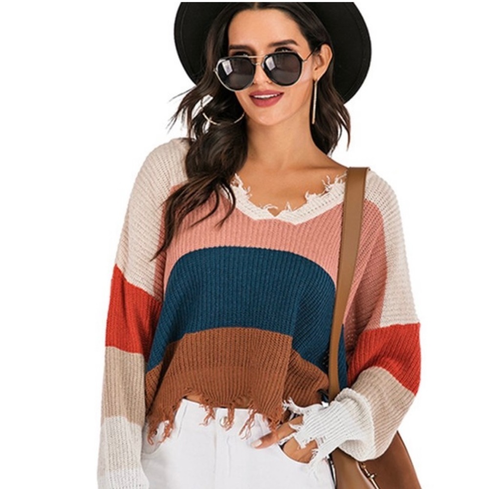 Multi color distressed fall sweater